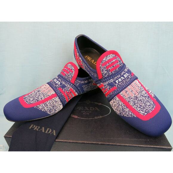 NIB PRADA 2DG098 BLUE RED KNIT LETTERING LOGO MOCCASIN LOAFERS 7.5 US 8.5 ITALY - Picture 3 of 12